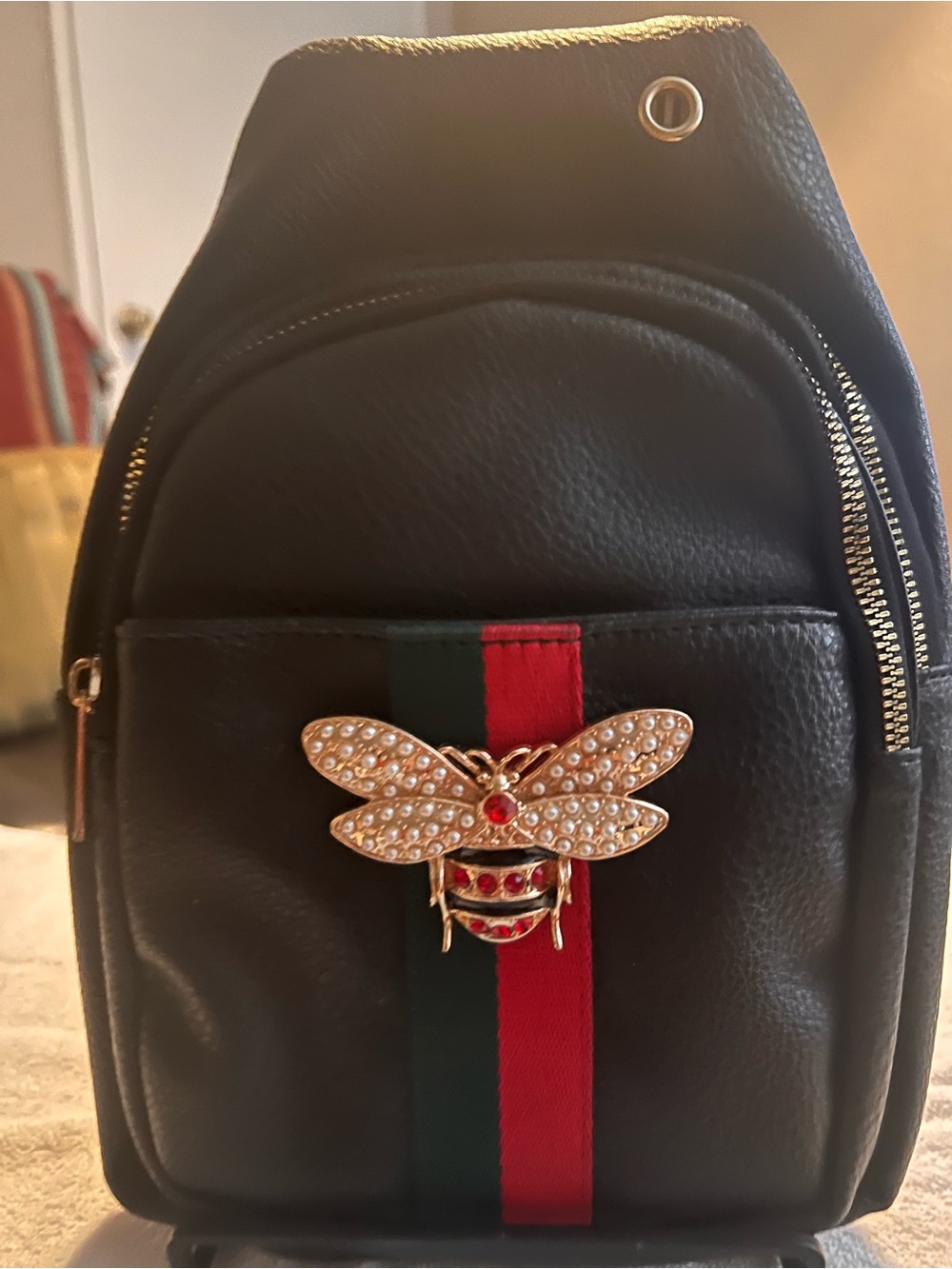 Black Mini Backpack with Red & Green Stripe and Gold Bee Accent